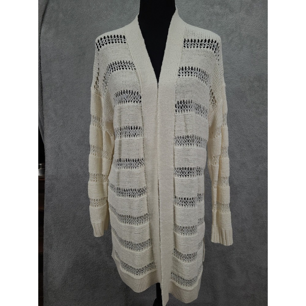 Old Navy Cream‎ Open Knit Striped Long Sleeve Cardigan Sweater Womens L